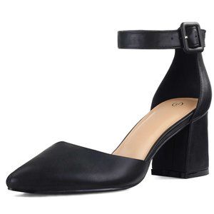 2.5" Pointed Toe Closed Toe Ankle Strap Low Chunky Heels Black